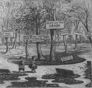 An 1869 cartoon about Central Park. The children in the cartoon are surrounded by signs that warn them to keep off the grass. The caption reads, The Central Park. A delightful resort for toll-worn New Yorkers.